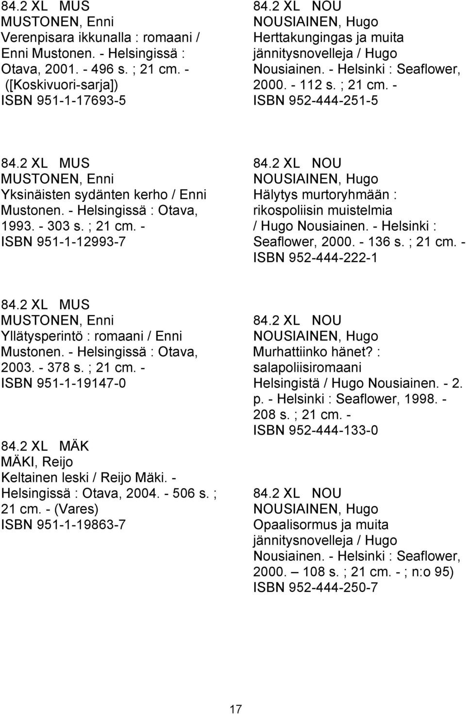 2 XL MUS MUSTONEN, Enni Yksinäisten sydänten kerho / Enni Mustonen. - Helsingissä : Otava, 1993. - 303 s. ; 21 cm. - ISBN 951-1-12993-7 84.