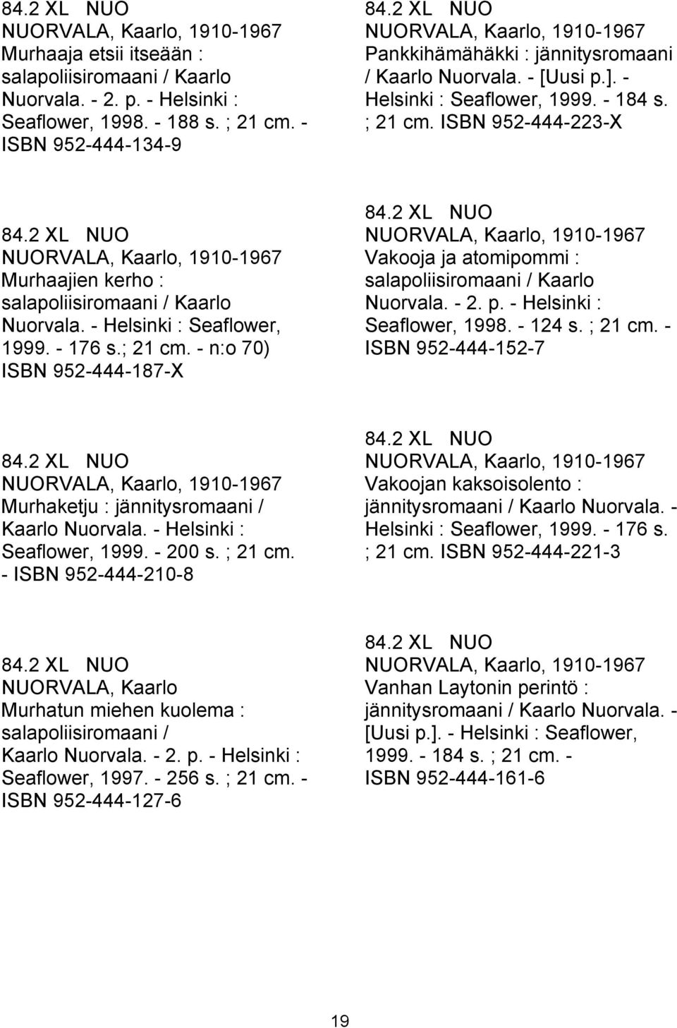 2 XL NUO NUORVALA, Kaarlo, 1910-1967 Murhaajien kerho : salapoliisiromaani / Kaarlo Nuorvala. - Helsinki : Seaflower, 1999. - 176 s.; 21 cm. - n:o 70) ISBN 952-444-187-X 84.