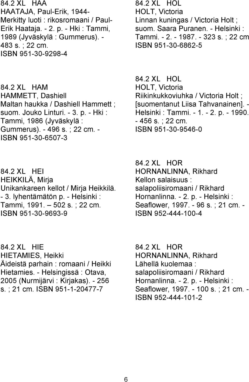 2 XL HAM HAMMETT, Dashiell Maltan haukka / Dashiell Hammett ; suom. Jouko Linturi. - 3. p. - Hki : Tammi, 1986 (Jyväskylä : Gummerus). - 496 s. ; 22 cm. - ISBN 951-30-6507-3 84.