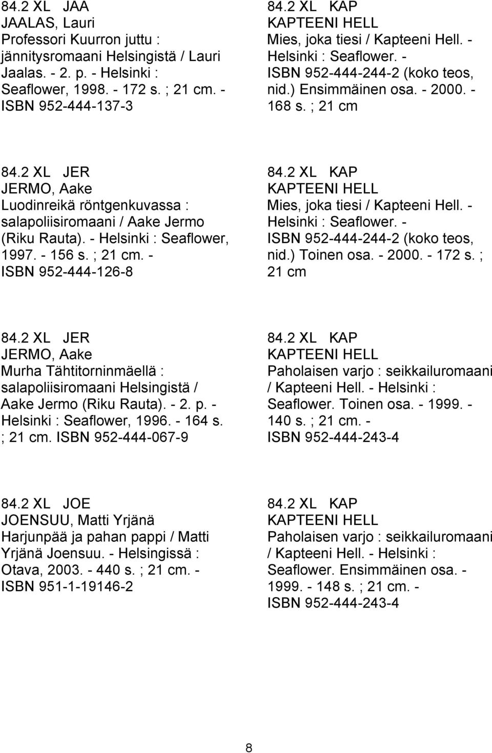 2 XL JER JERMO, Aake Luodinreikä röntgenkuvassa : salapoliisiromaani / Aake Jermo (Riku Rauta). - Helsinki : Seaflower, 1997. - 156 s. ; 21 cm. - ISBN 952-444-126-8 84.