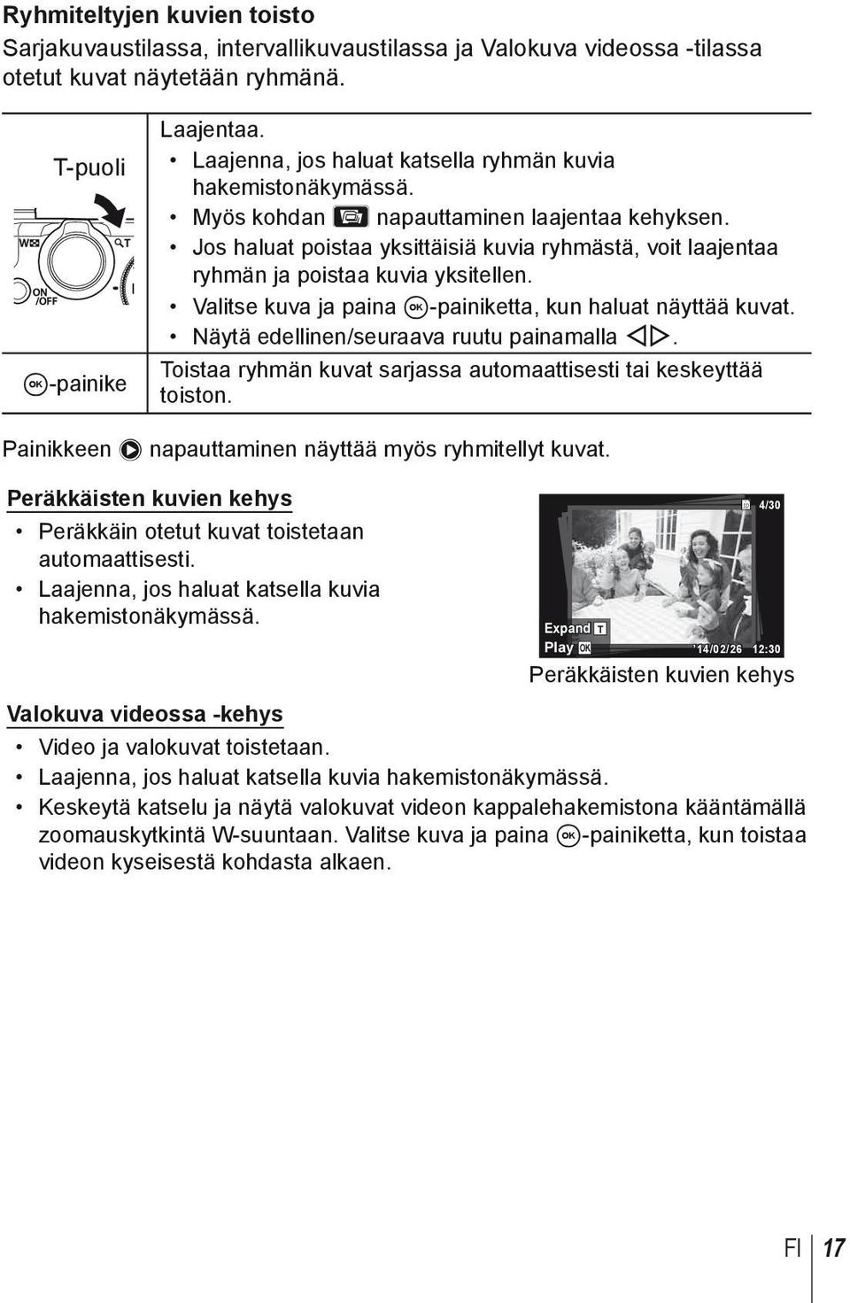 Jos haluat poistaa yksittäisiä kuvia ryhmästä, voit laajentaa ryhmän ja poistaa kuvia yksitellen. Valitse kuva ja paina A-painiketta, kun haluat näyttää kuvat.