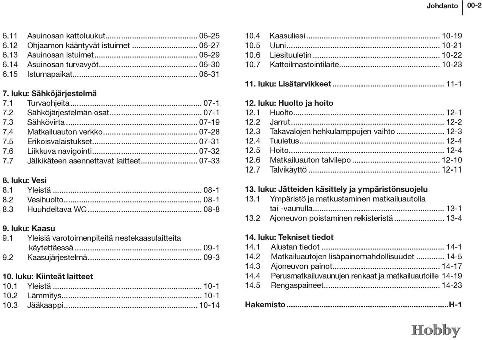 .. 07-32 7.7 Jälkikäteen asennettavat laitteet... 07-33 8. luku: Vesi 8.1 Yleistä... 08-1 8.2 Vesihuolto... 08-1 8.3 Huuhdeltava WC... 08-8 9. luku: Kaasu 9.