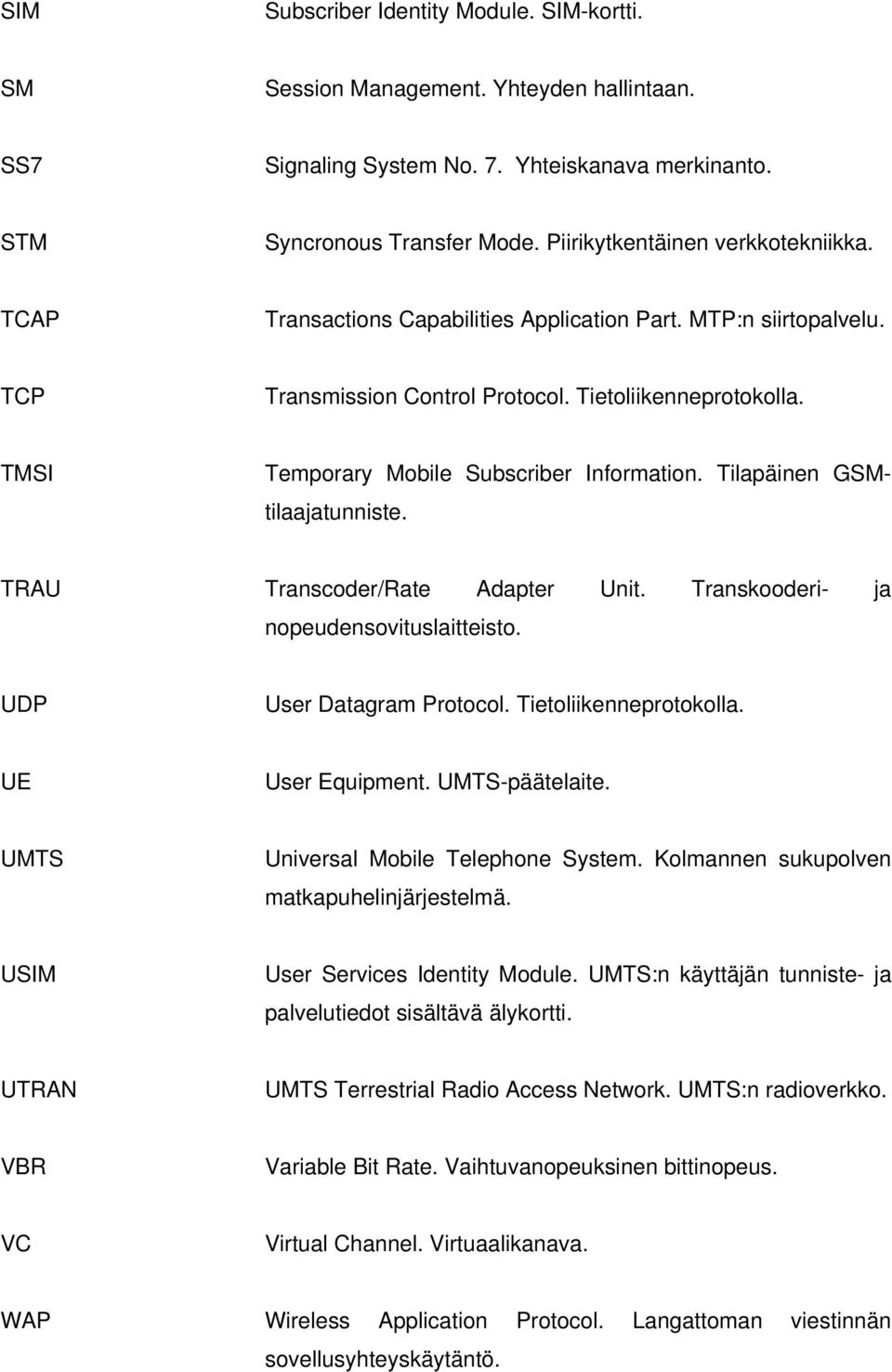 TMSI Temporary Mobile Subscriber Information. Tilapäinen GSMtilaajatunniste. TRAU Transcoder/Rate Adapter Unit. Transkooderi- ja nopeudensovituslaitteisto. UDP User Datagram Protocol.