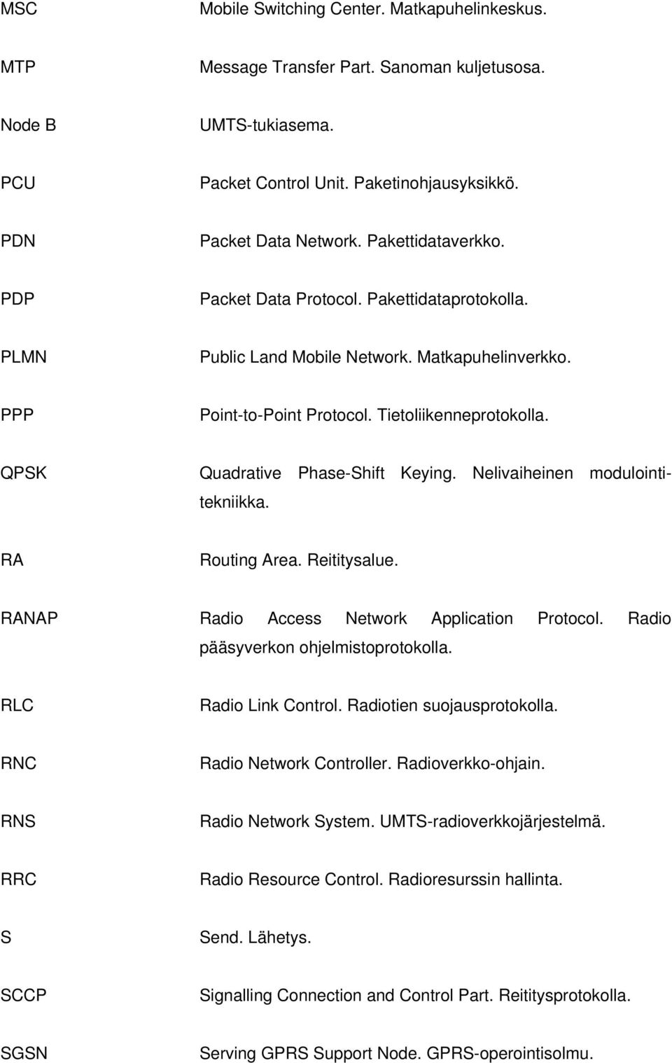 QPSK Quadrative Phase-Shift Keying. Nelivaiheinen modulointitekniikka. RA Routing Area. Reititysalue. RANAP Radio Access Network Application Protocol. Radio pääsyverkon ohjelmistoprotokolla.