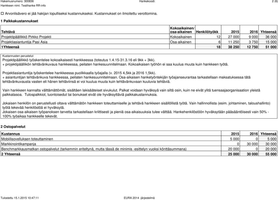 15 000 1Yhteensä 18 38 250 12 750 51 000 Kustannusten perustelut Projektipäällikkö työskentelee kokoaikaisesti hankkeessa (toteutus 1.4.15-31.3.16 eli 9kk + 3kk).