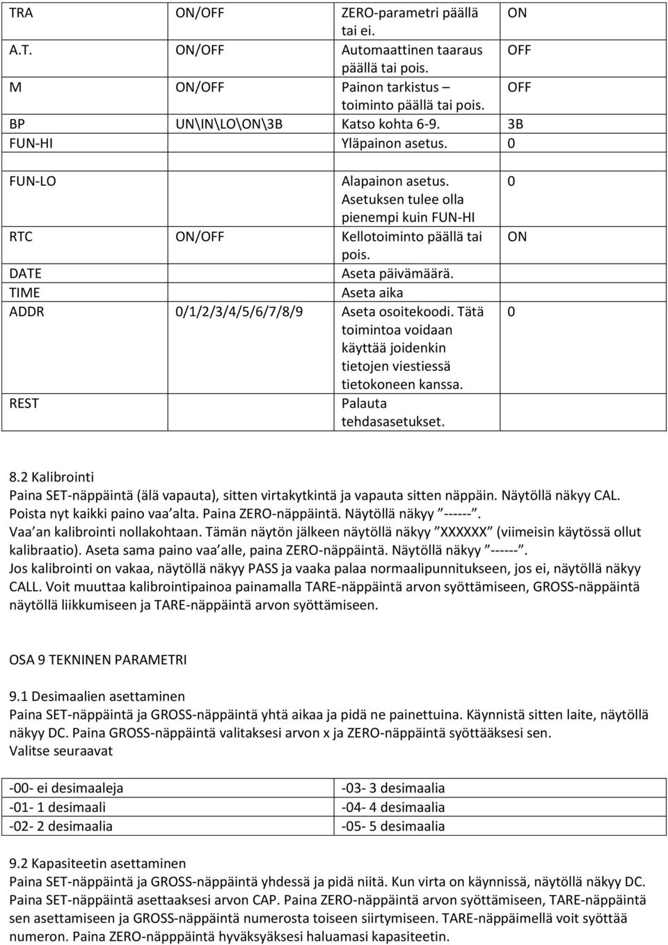 TIME Aseta aika ADDR 0/1/2/3/4/5/6/7/8/9 Aseta osoitekoodi. Tätä toimintoa voidaan käyttää joidenkin tietojen viestiessä tietokoneen kanssa. REST Palauta tehdasasetukset. 0 ON 0 8.