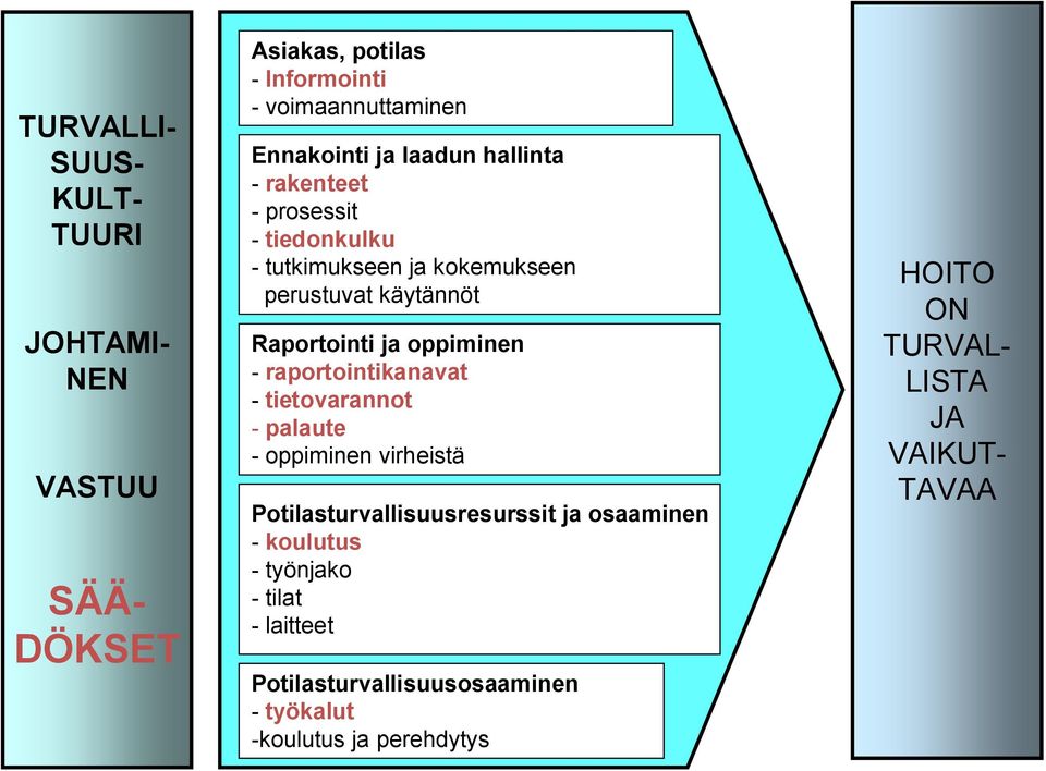 oppiminen - raportointikanavat - tietovarannot - palaute - oppiminen virheistä Potilasturvallisuusresurssit ja osaaminen -