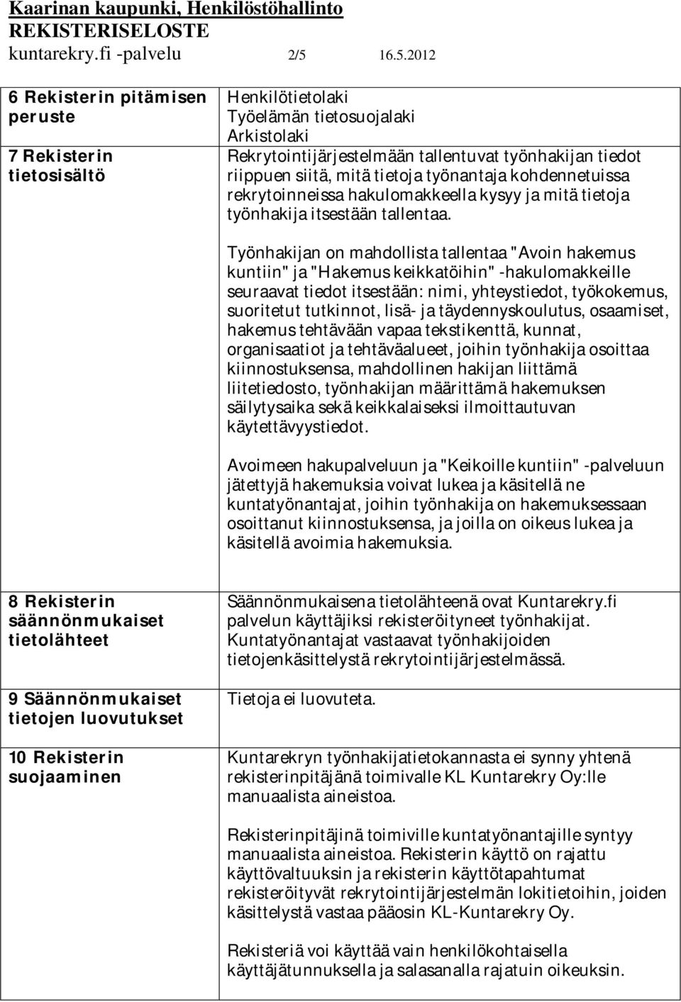 tietoja työnantaja kohdennetuissa rekrytoinneissa hakulomakkeella kysyy ja mitä tietoja työnhakija itsestään tallentaa.