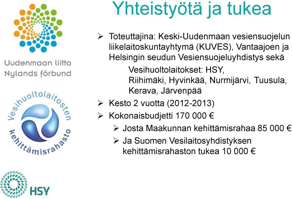 Hyvinkää, Nurmijärvi, Tuusula, Kerava, Järvenpää Kesto 2 vuotta (2012-2013) Kokonaisbudjetti 170