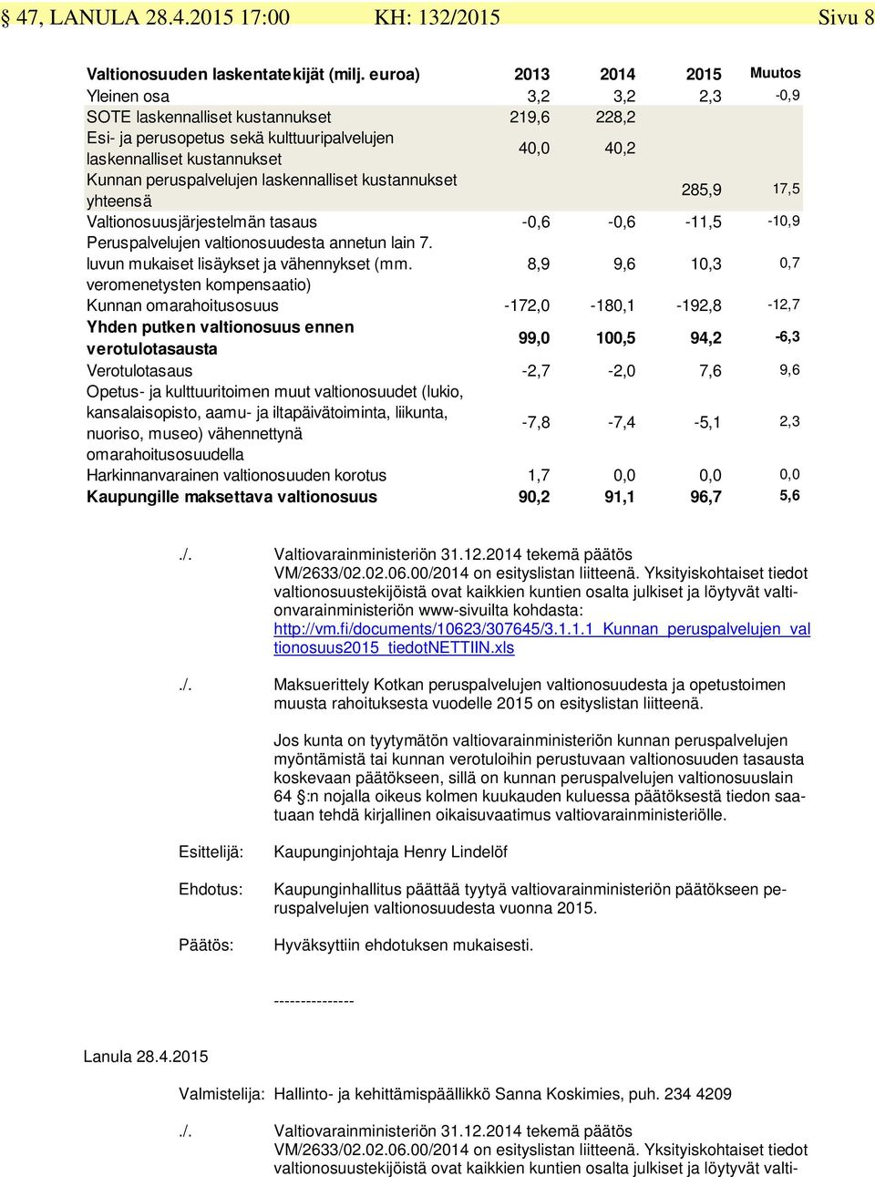 peruspalvelujen laskennalliset kustannukset yhteensä 285,9 17,5 Valtionosuusjärjestelmän tasaus -0,6-0,6-11,5-10,9 Peruspalvelujen valtionosuudesta annetun lain 7.