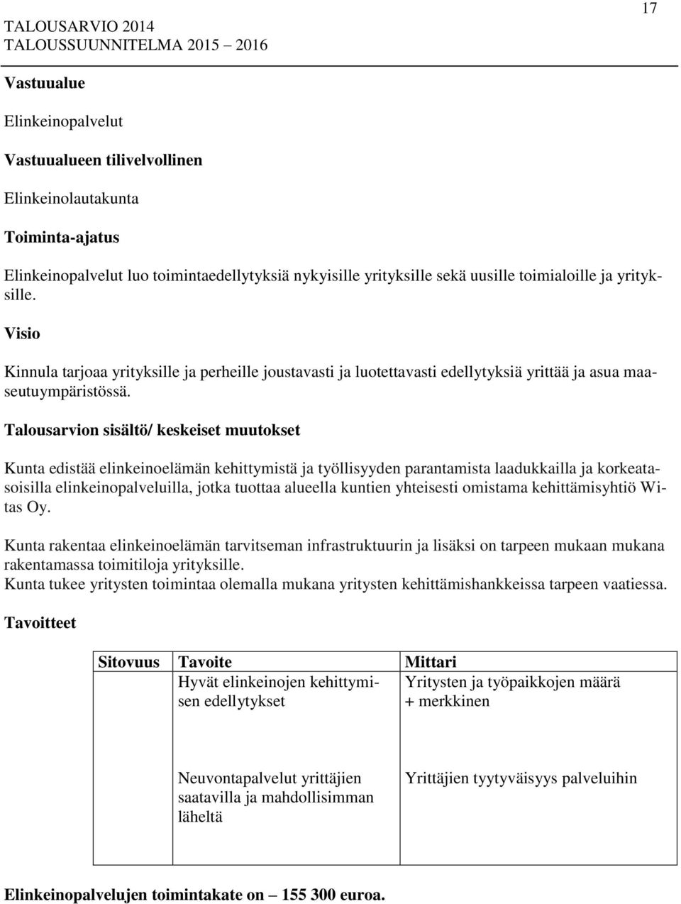 Talousarvion sisältö/ keskeiset muutokset Kunta edistää elinkeinoelämän kehittymistä ja työllisyyden parantamista laadukkailla ja korkeatasoisilla elinkeinopalveluilla, jotka tuottaa alueella kuntien