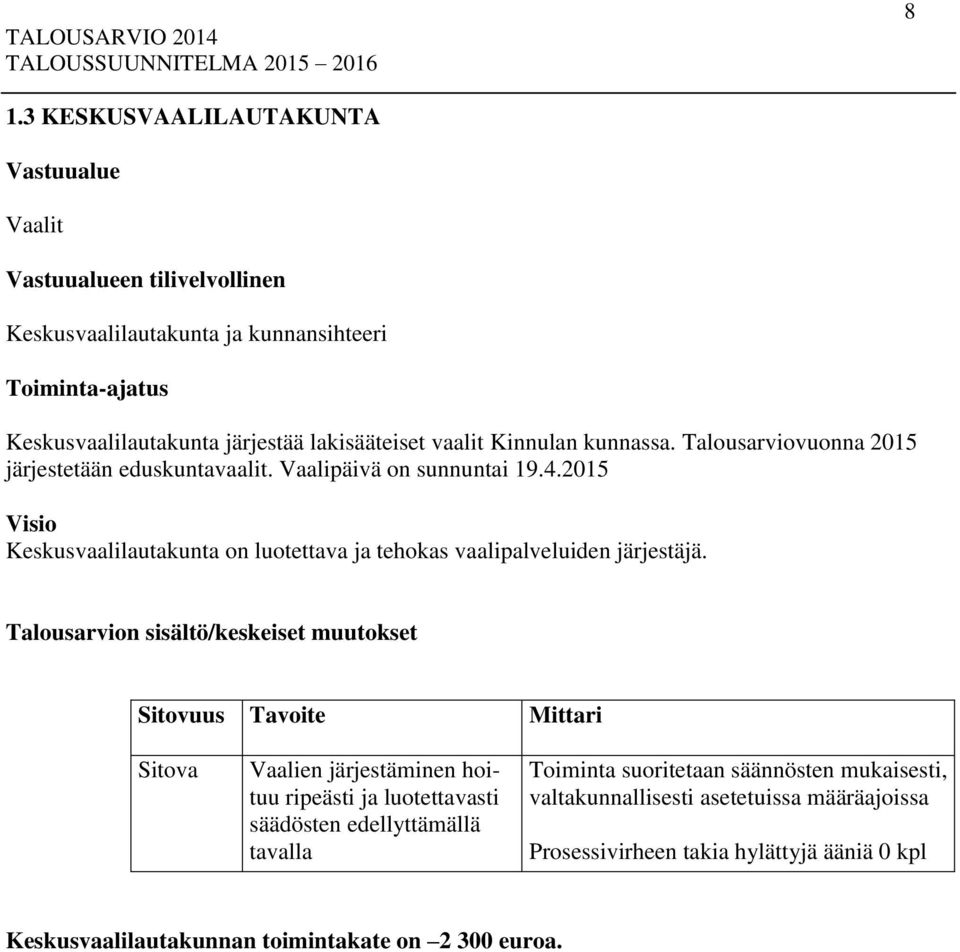 2015 Visio Keskusvaalilautakunta on luotettava ja tehokas vaalipalveluiden järjestäjä.