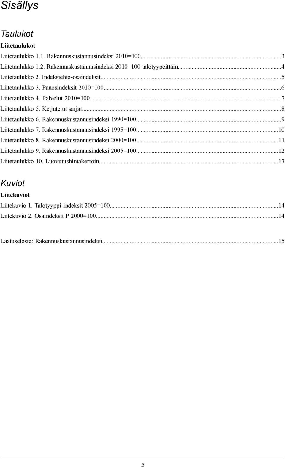 Rakennuskustannusindeksi 1990=100...9 Liitetaulukko 7. Rakennuskustannusindeksi...10 Liitetaulukko 8. Rakennuskustannusindeksi...11 Liitetaulukko 9. Rakennuskustannusindeksi...12 Liitetaulukko 10.