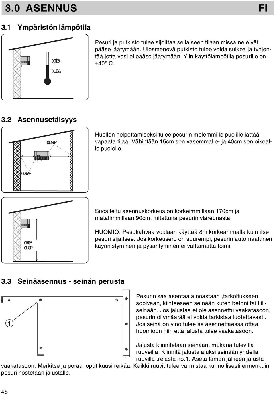 2 Asennusetäisyys 0LQPP Huollon helpottamiseksi tulee pesurin molemmille puolille jättää vapaata tilaa. Vähintään 15cm sen vasemmalle- ja 40cm sen oikealle puolelle.