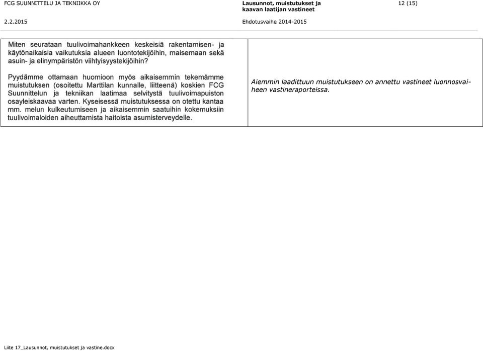 vastineet luonnosvaiheen