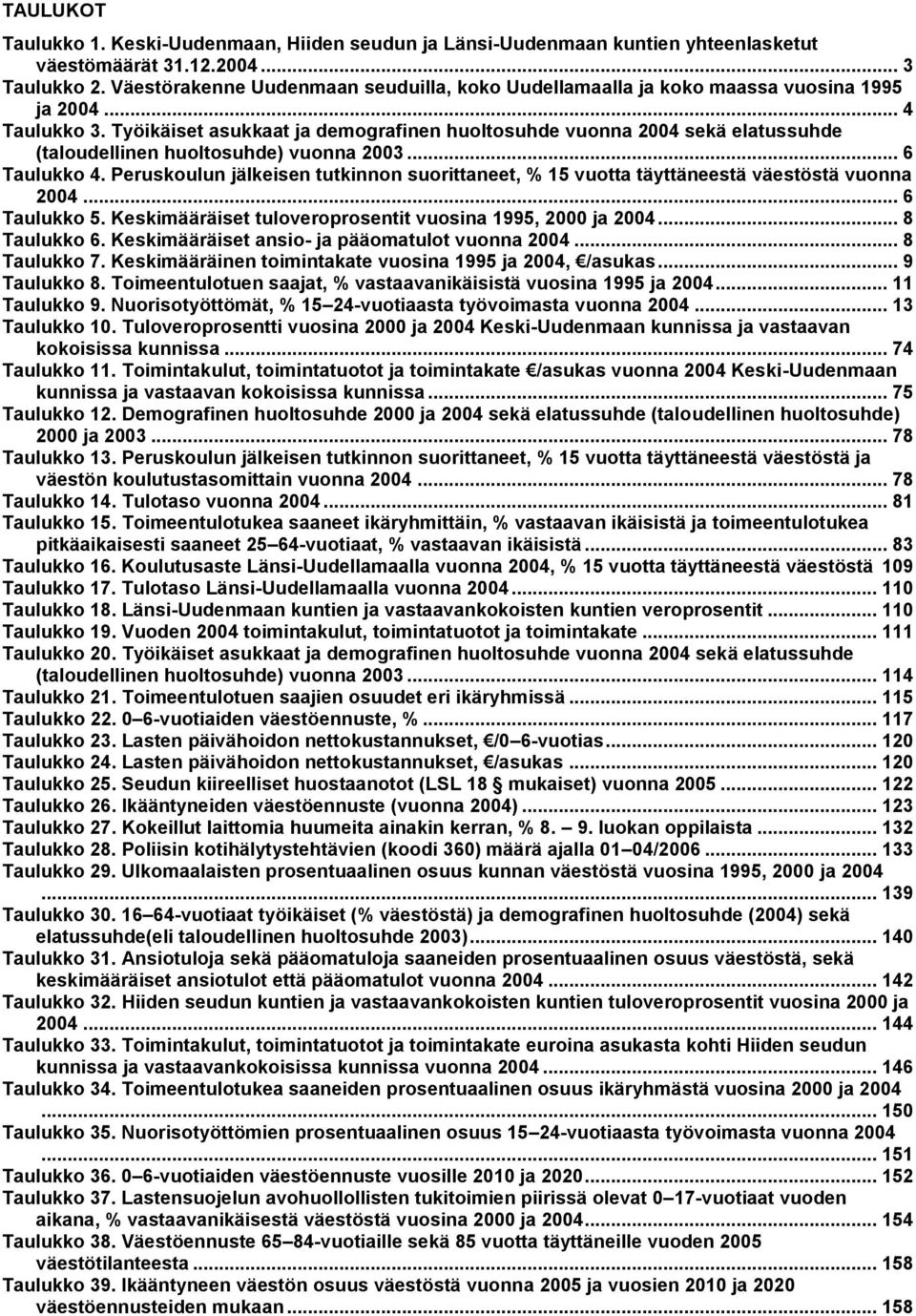 Työikäiset asukkaat ja demografinen huoltosuhde vuonna 24 sekä elatussuhde (taloudellinen huoltosuhde) vuonna 23... 6 Taulukko 4.