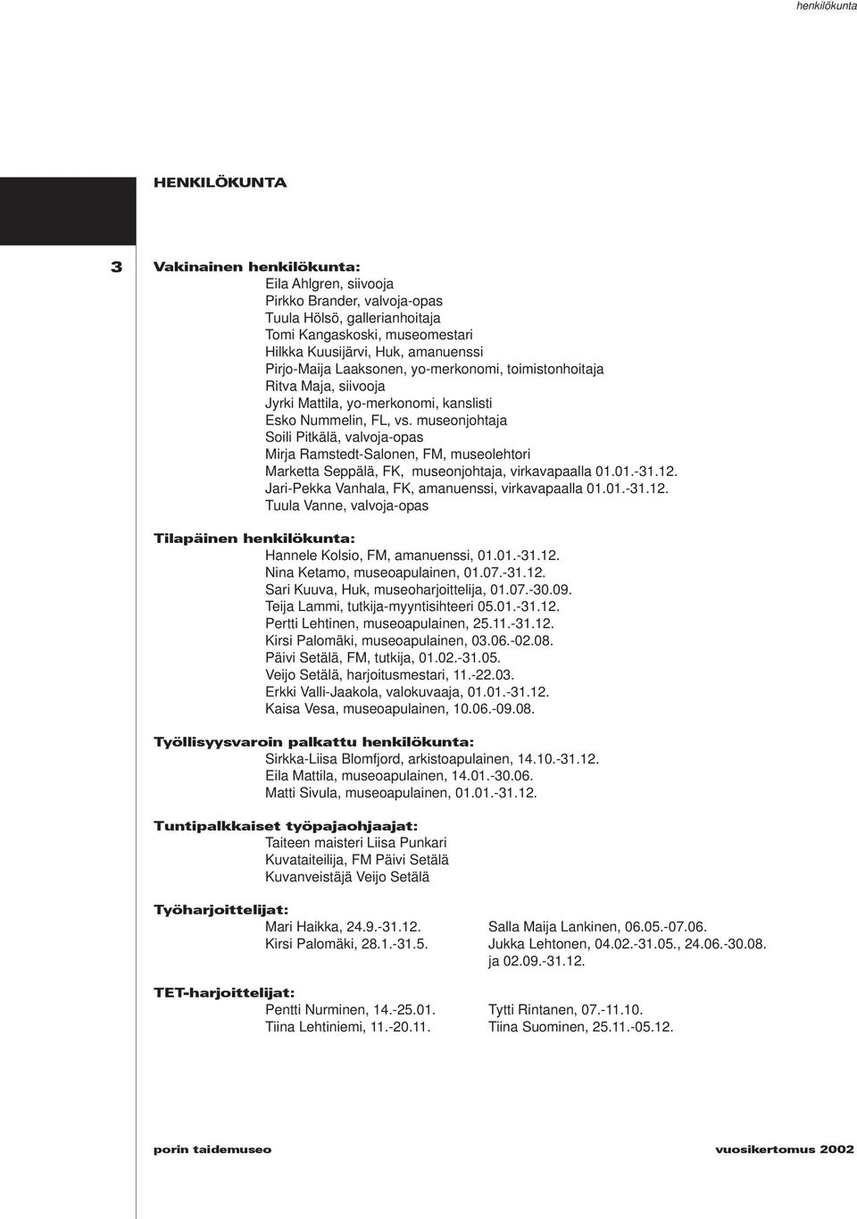museonjohtaja Soili Pitkälä, valvoja-opas Mirja Ramstedt-Salonen, FM, museolehtori Marketta Seppälä, FK, museonjohtaja, virkavapaalla 01.01.-31.12.