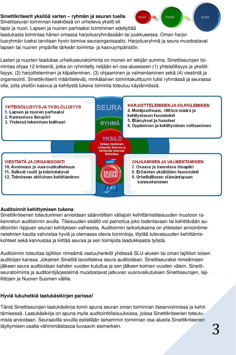 Harjoitusryhmä ja seura muodostavat lapsen tai nuoren ympärille tärkeän toiminta- ja kasvuympäristön. Lasten ja nuorten laadukas urheiluseuratoiminta on monen eri tekijän summa.