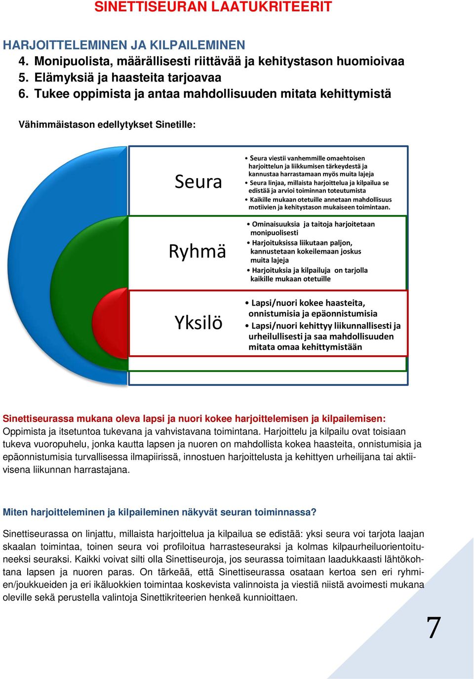 kannustaa harrastamaan myös muita lajeja Seura linjaa, millaista harjoittelua ja kilpailua se edistää ja arvioi toiminnan toteutumista Kaikille mukaan otetuille annetaan mahdollisuus motiivien ja