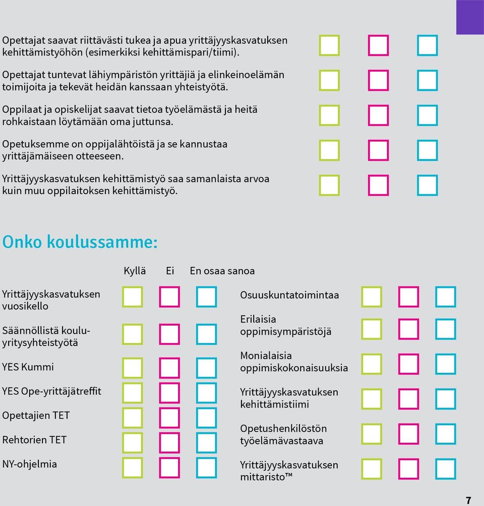 Oppilaat ja opiskelijat saavat tietoa työelämästä ja heitä rohkaistaan löytämään oma juttunsa. Opetuksemme on oppijalähtöistä ja se kannustaa yrittäjämäiseen otteeseen.