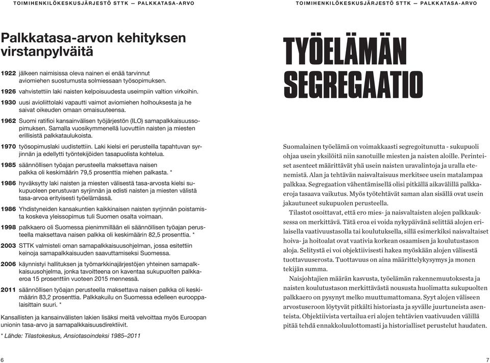 1962 Suomi ratifioi kansainvälisen työjärjestön (ILO) samapalkkaisuussopimuksen. Samalla vuosikymmenellä luovuttiin naisten ja miesten erillisistä palkkataulukoista. 1970 työsopimuslaki uudistettiin.