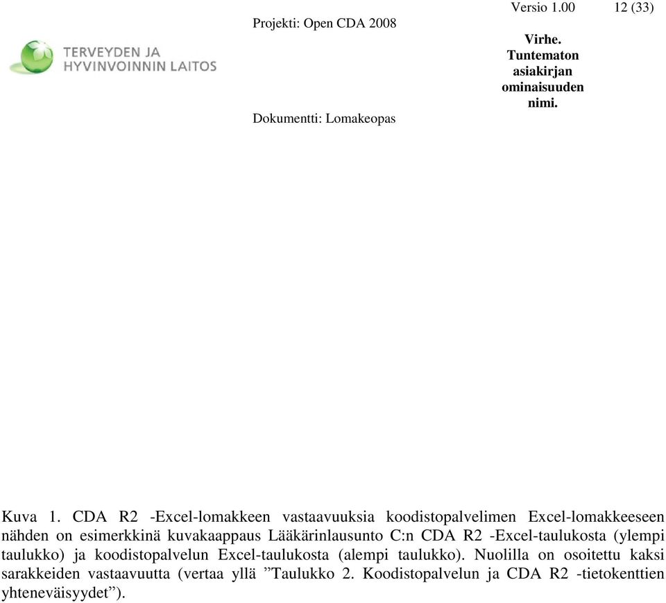 kuvakaappaus Lääkärinlausunto C:n -Excel-taulukosta (ylempi taulukko) ja koodistopalvelun