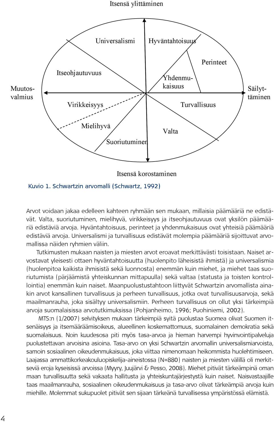 Valta, suoriutuminen, mielihyvä, virikkeisyys ja itseohjautuvuus ovat yksilön päämääriä edistäviä arvoja. Hyväntahtoisuus, perinteet ja yhdenmukaisuus ovat yhteisiä päämääriä edistäviä arvoja.