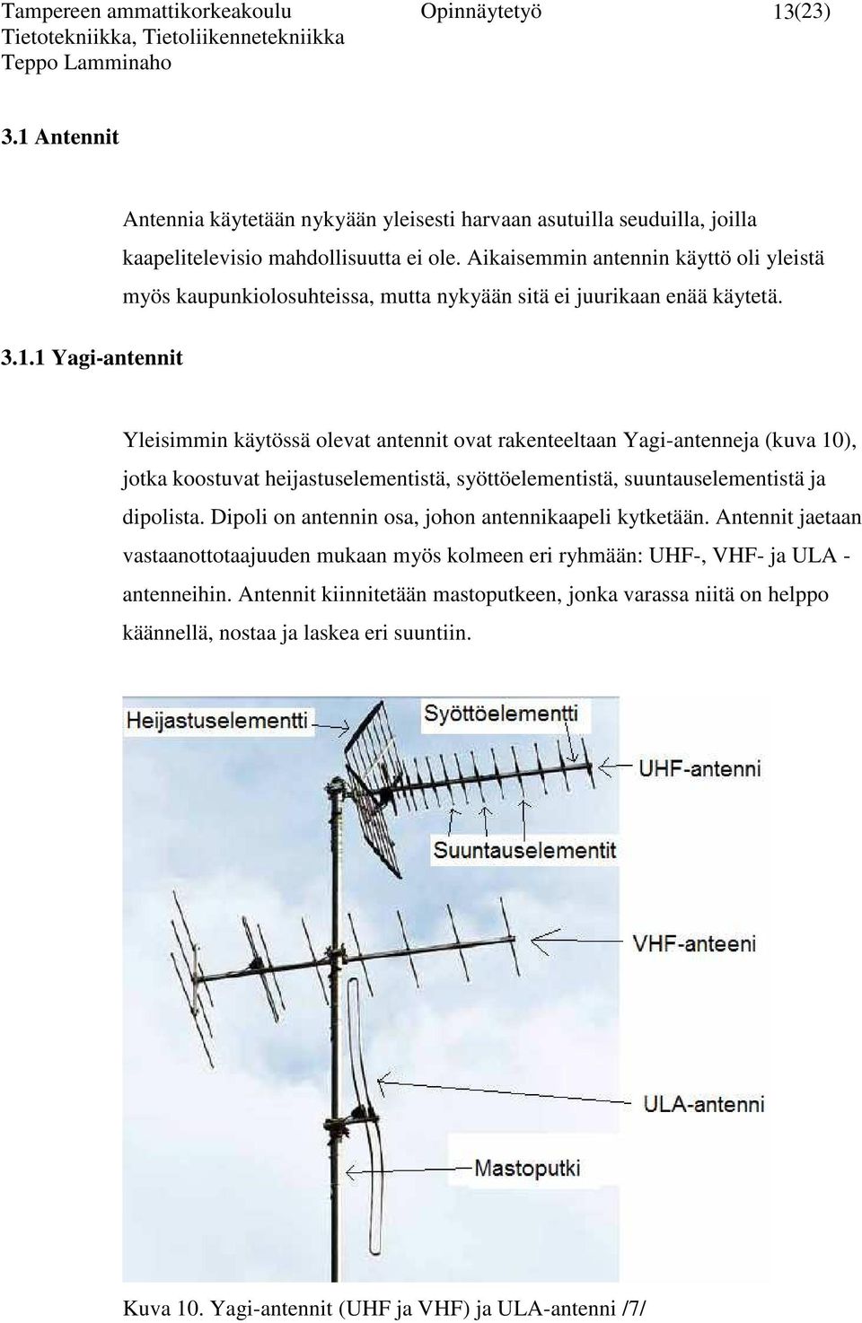 1 Yagi-antennit Yleisimmin käytössä olevat antennit ovat rakenteeltaan Yagi-antenneja (kuva 10), jotka koostuvat heijastuselementistä, syöttöelementistä, suuntauselementistä ja dipolista.