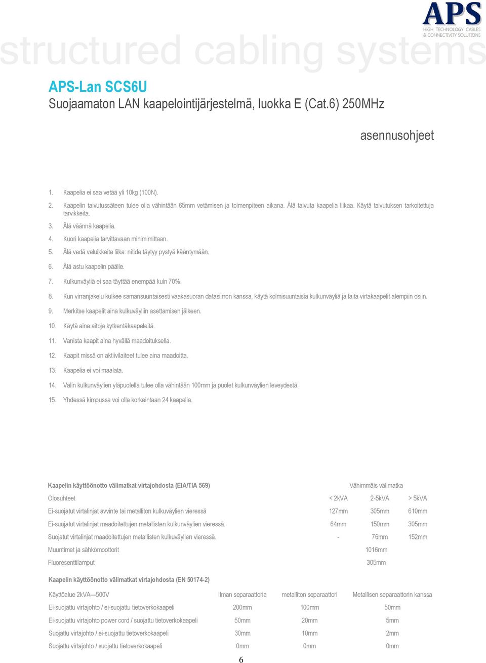 Älä vedä valuikkeita liika: nitide täytyy pystyä kääntymään. 6. Älä astu kaapelin päälle. 7. Kulkunväyliä ei saa täyttää enempää kuin 70%. 8.