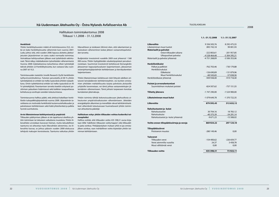 Lasku johtui siitä, että vuoden 2006 lopussa aloitettu jätekuljetusten järjestäminen on saatu osaksi normaalia toimintaa. Voimakkaan kehitysvaiheen jälkeen ovat työtehtävät vakiintuneet.