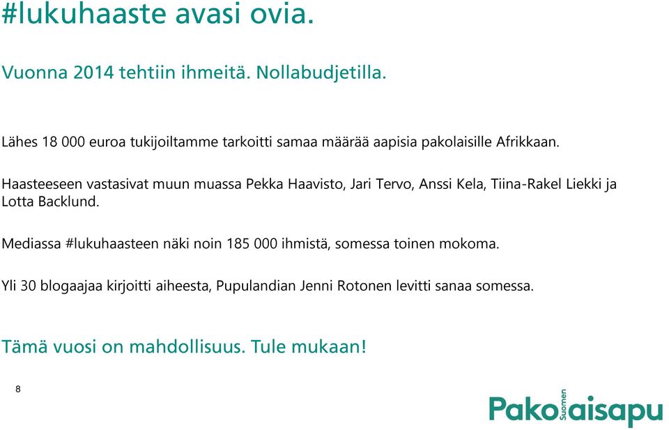 Haasteeseen vastasivat muun muassa Pekka Haavisto, Jari Tervo, Anssi Kela, Tiina-Rakel Liekki ja Lotta Backlund.