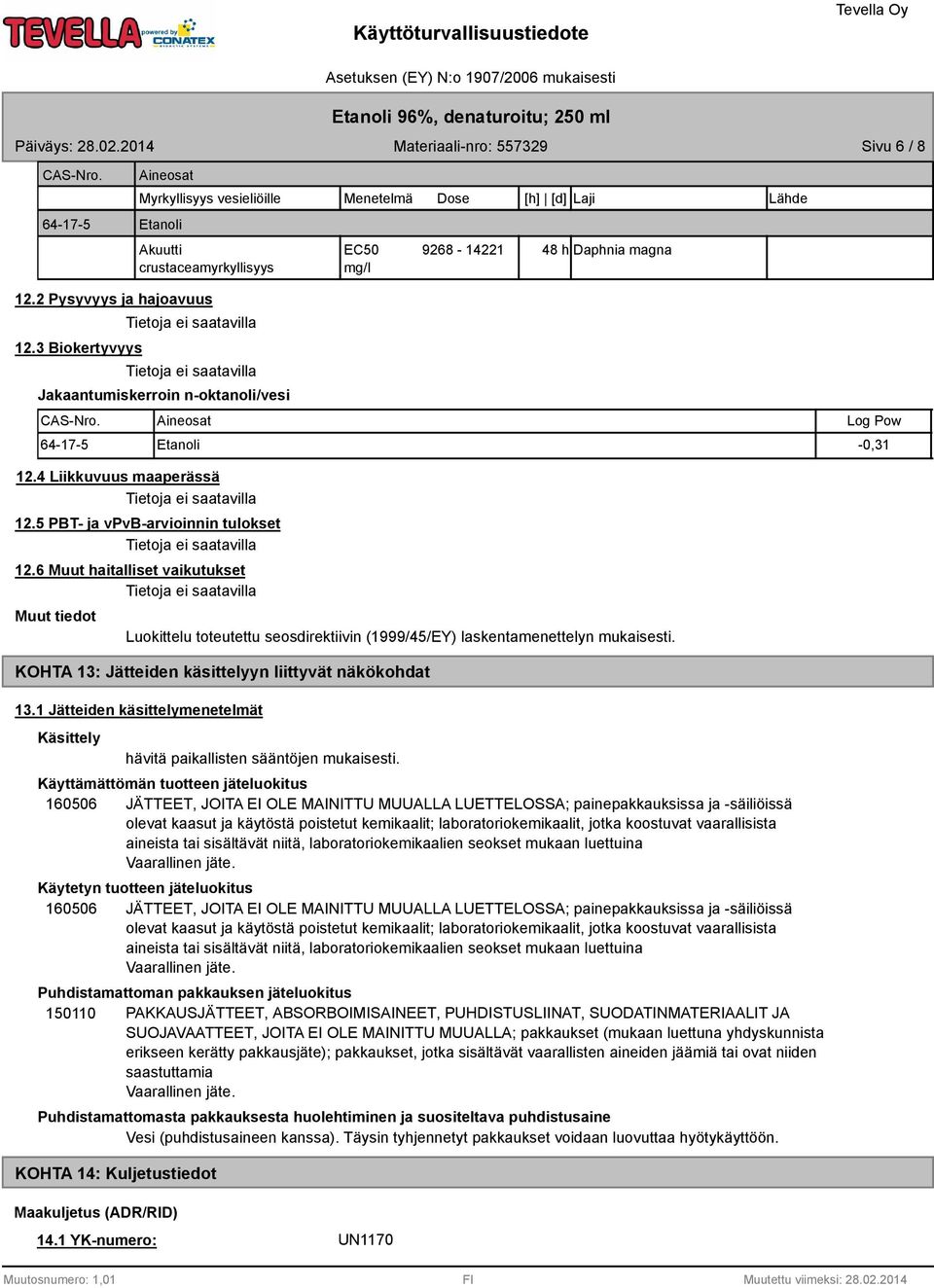 6 Muut haitalliset vaikutukset Muut tiedot Luokittelu toteutettu seosdirektiivin (1999/45/EY) laskentamenettelyn mukaisesti. KOHTA 1: Jätteiden käsittelyyn liittyvät näkökohdat 1.