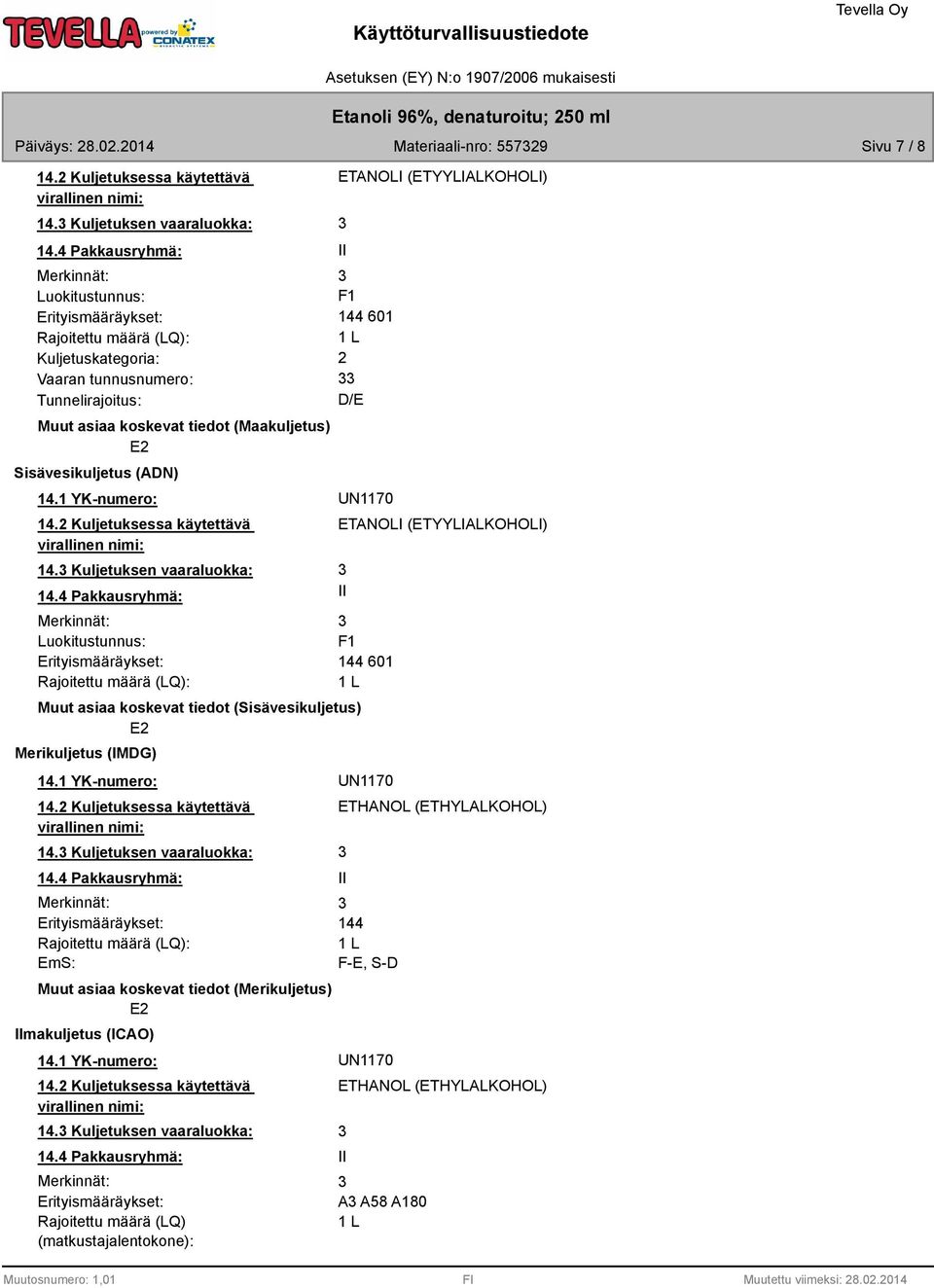 (Maakuljetus) E2 Sisävesikuljetus (ADN) 14.1 YK-numero: UN1170 14.2 Kuljetuksessa käytettävä virallinen nimi: 14. Kuljetuksen vaaraluokka: 14.