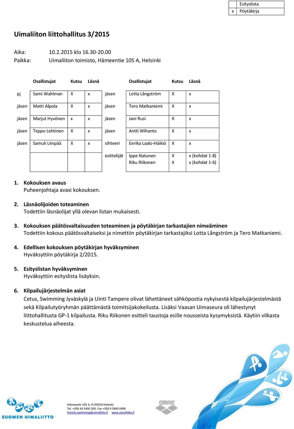 X x jäsen Marjut Hyvönen x x jäsen Jani Rusi X x jäsen Teppo Lehtinen X x jäsen Antti Wihanto X x jäsen Samuli Liinpää X x sihteeri Eerika Laalo-Häikiö X x esittelijät Ippe Natunen Riku Riikonen X X
