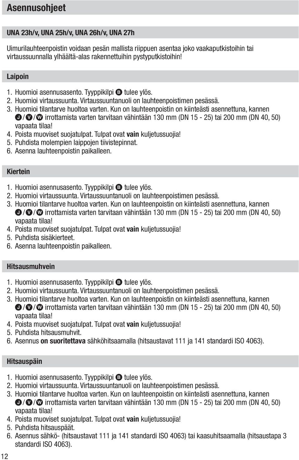 Kun on lauhteenpoistin on kiinteästi asennettuna, kannen J/V/W irrottamista varten tarvitaan vähintään 130 mm (DN 15-25) tai 200 mm (DN 40, 50) vapaata tilaa! 4. Poista muoviset suojatulpat.