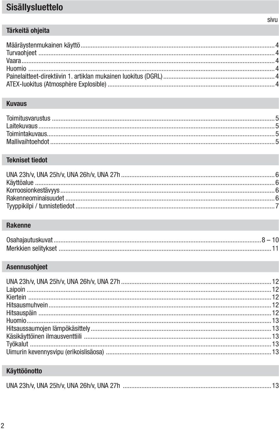 ..6 Korroosionkestävyys...6 Rakenneominaisuudet...6 Tyyppikilpi / tunnistetiedot...7 Rakenne Osahajautuskuvat...8 10 Merkkien selitykset...11 Asennusohjeet UNA 23h/v, UNA 25h/v, UNA 26h/v, UNA 27h.