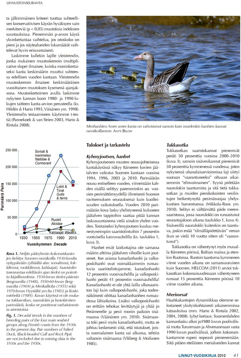 Laskimme kullekin lajille yleistrendin, jonka mukainen muutoskerroin (multiplicative slope) ilmaisee, kuinka moninkertaiseksi kanta keskimäärin muuttui suhteessa edellisen vuoden kantaan.