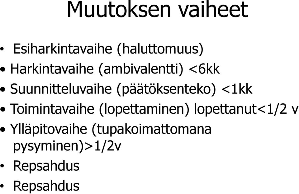 (päätöksenteko) <1kk Toimintavaihe (lopettaminen)