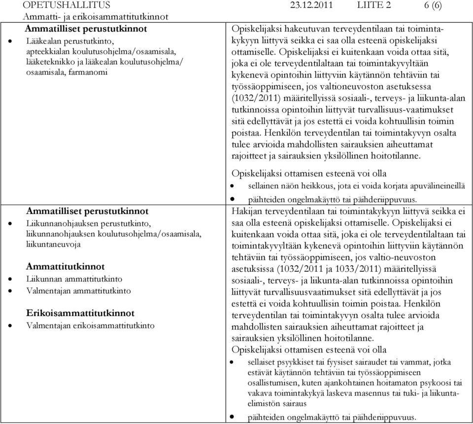 käytännön tehtäviin tai työssäoppimiseen, jos valtioneuvoston asetuksessa (1032/2011) määritellyissä sosiaali-, terveys- ja liikunta-alan tutkinnoissa opintoihin liittyvät turvallisuus-vaatimukset