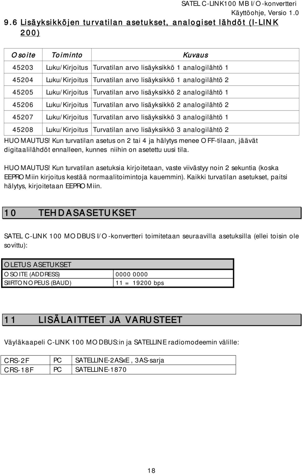 lisäyksikkö 3 analogilähtö 1 45208 Luku/Kirjoitus Turvatilan arvo lisäyksikkö 3 analogilähtö 2 HUOMAUTUS!