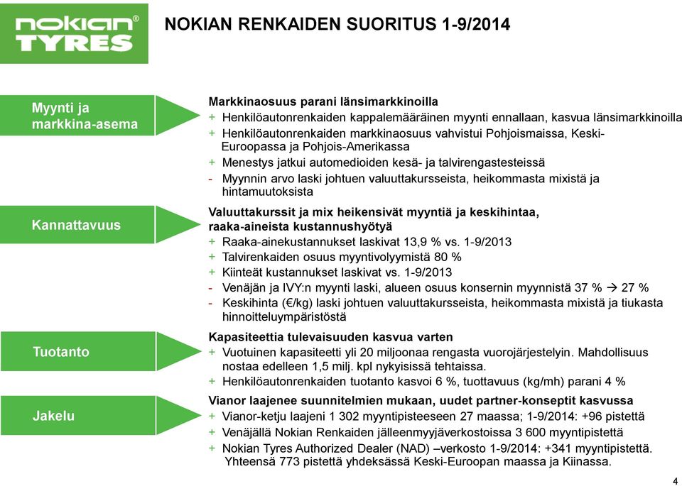 laski johtuen valuuttakursseista, heikommasta mixistä ja hintamuutoksista Valuuttakurssit ja mix heikensivät myyntiä ja keskihintaa, raaka-aineista kustannushyötyä + Raaka-ainekustannukset laskivat