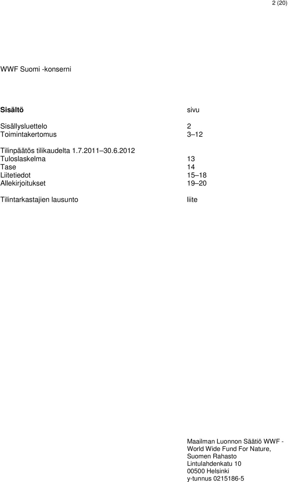 2012 Tuloslaskelma 13 Tase 14 Liitetiedot 15 18 Allekirjoitukset 19 20