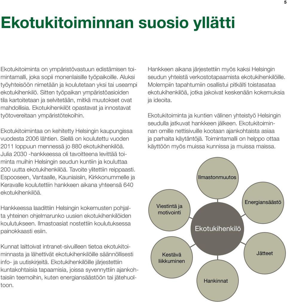 Ekotukihenkilöt opastavat ja innostavat työtovereitaan ympäristötekoihin. Ekotukitoimintaa on kehitetty Helsingin kaupungissa vuodesta 2006 lähtien.
