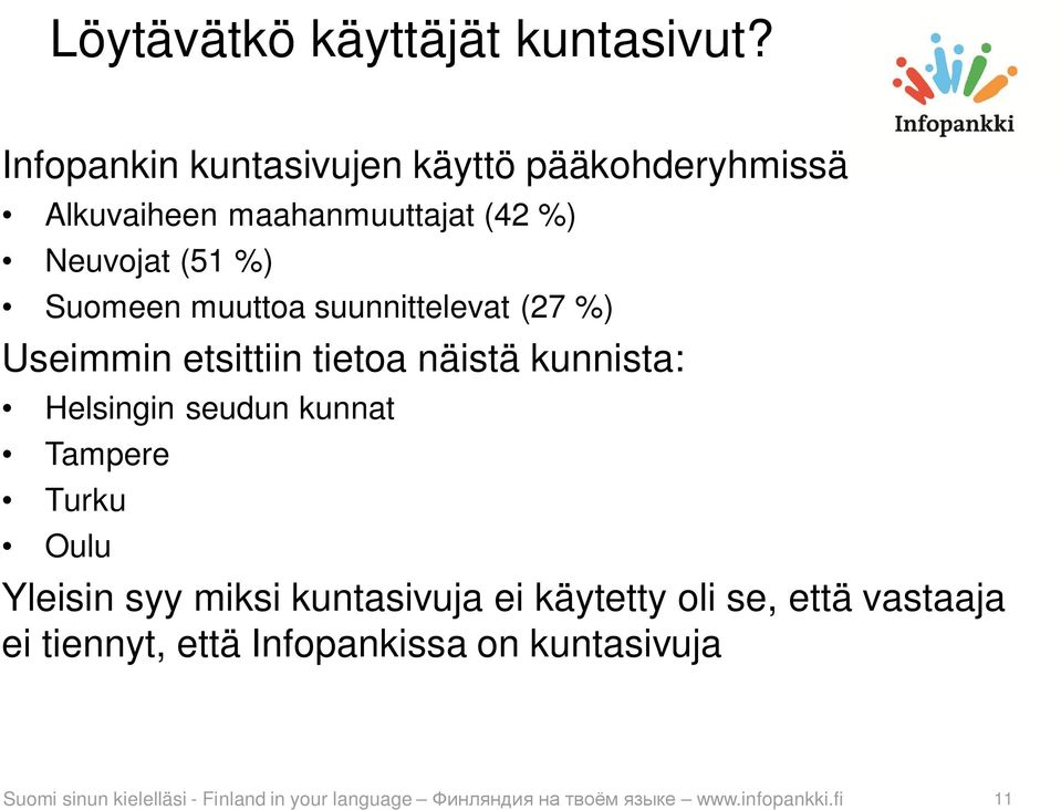 muuttoa suunnittelevat (27 %) Useimmin etsittiin tietoa näistä kunnista: Helsingin seudun kunnat Tampere
