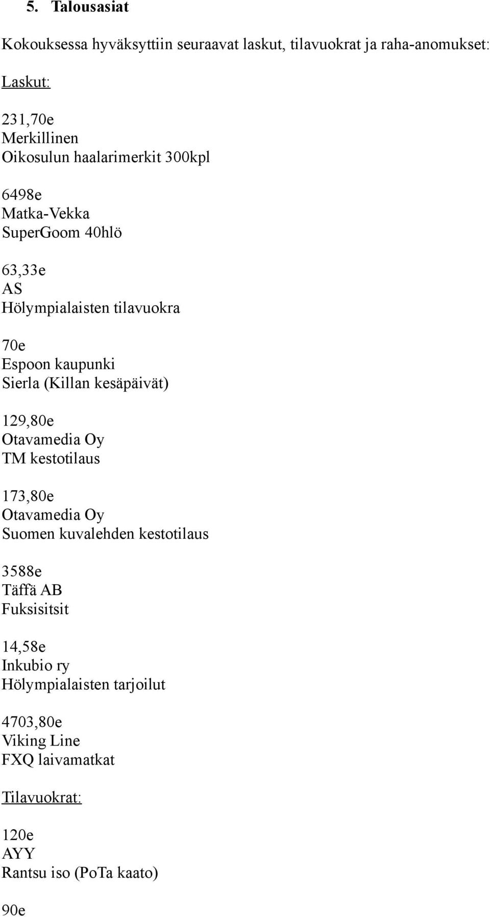 kesäpäivät) 129,80e Otavamedia Oy TM kestotilaus 173,80e Otavamedia Oy Suomen kuvalehden kestotilaus 3588e Täffä AB Fuksisitsit