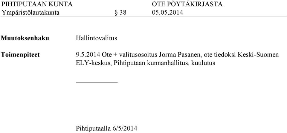 tiedoksi Keski-Suomen ELY-keskus, Pihtiputaan