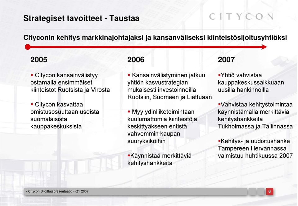 Liettuaan Myy ydinliiketoimintaan kuulumattomia kiinteistöjä keskittyäkseen entistä vahvemmin kaupan suuryksiköihin Käynnistää merkittäviä kehityshankkeita 2007 Yhtiö vahvistaa