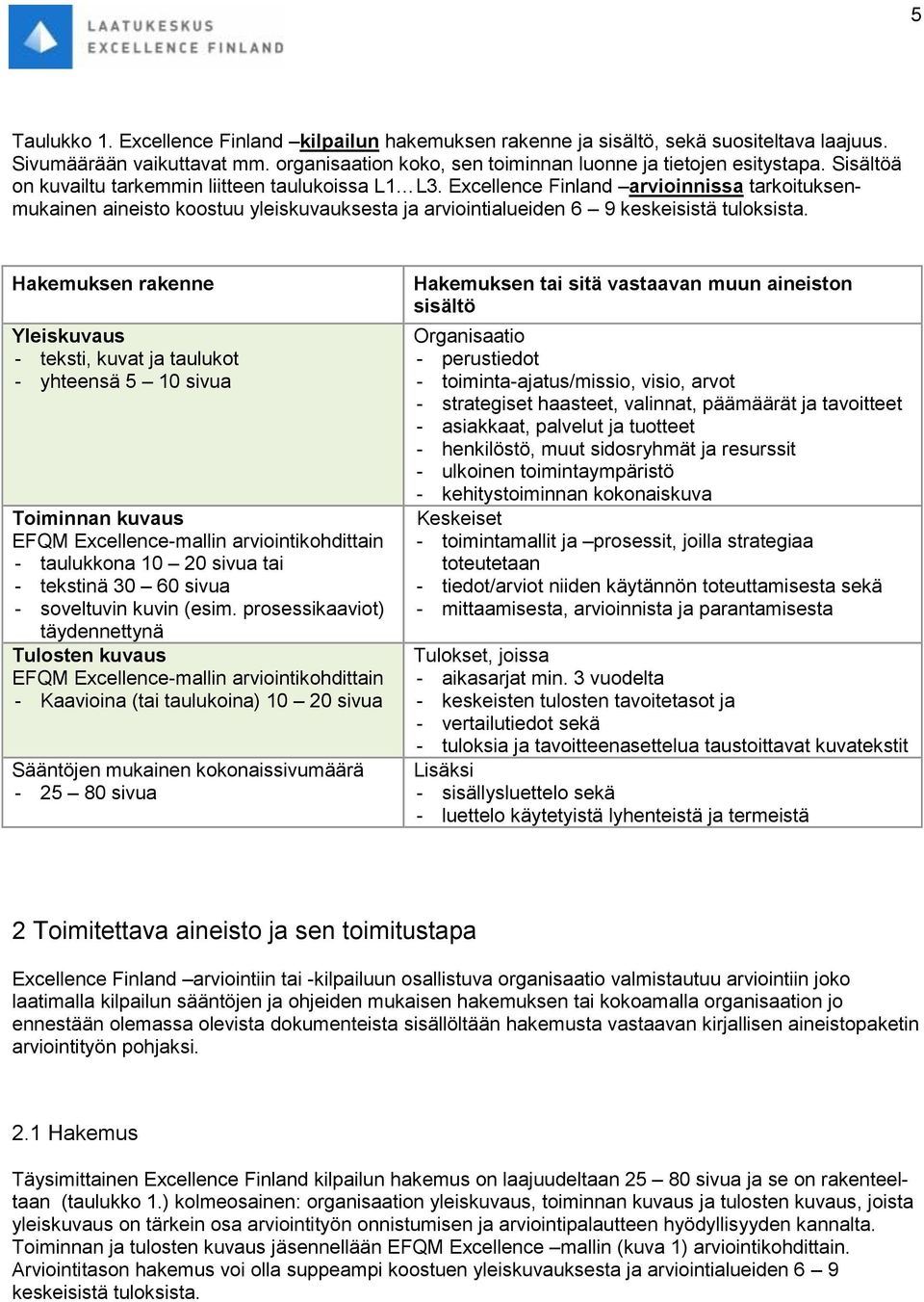 Hakemuksen rakenne Yleiskuvaus - teksti, kuvat ja taulukot - yhteensä 5 10 sivua Toiminnan kuvaus EFQM Excellence-mallin arviointikohdittain - taulukkona 10 20 sivua tai - tekstinä 30 60 sivua -