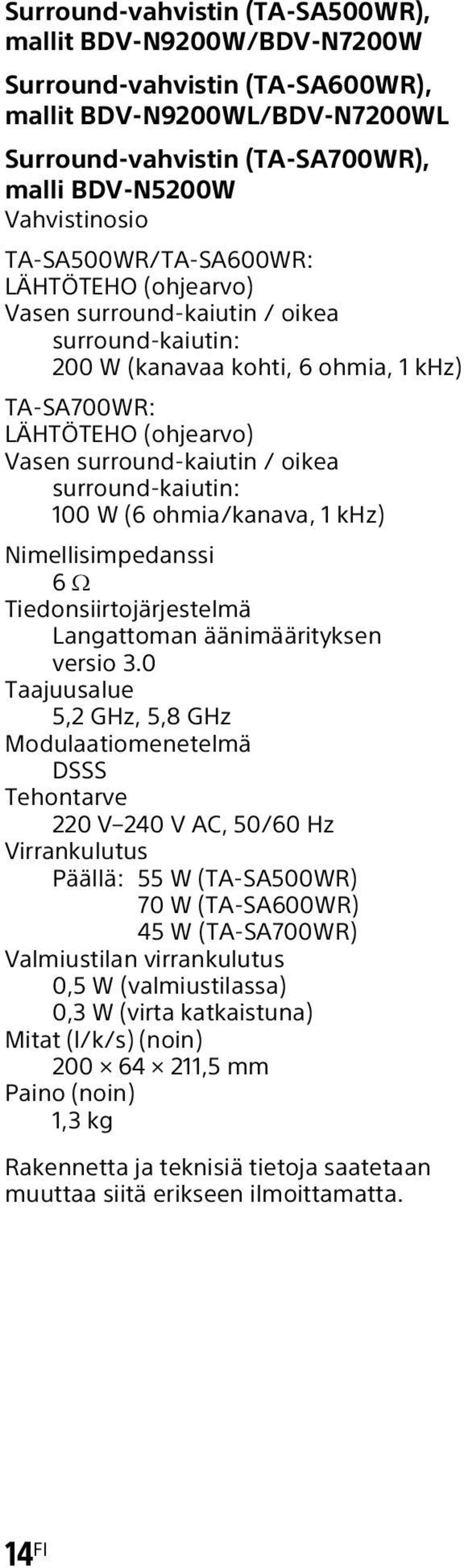 surround-kaiutin: 100 W (6 ohmia/kanava, 1 khz) Nimellisimpedanssi 6 Tiedonsiirtojärjestelmä Langattoman äänimäärityksen versio 3.
