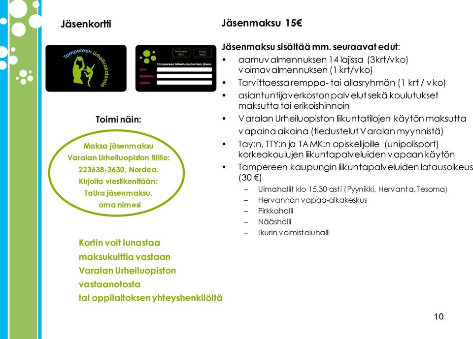 seuraavat edut: aamuv almennuksen 14 lajissa (3krt/vko) v oimavalmennuksen (1 krt/vko) Tarv ittaessa remppa- tai allasryhmän (1 krt / v ko) asiantuntijaverkoston palv elut sekä koulutukset maksutta